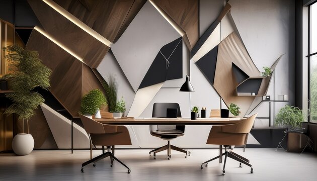 modern office design with sculptural furniture and geometric wall art - Powered by Adobe