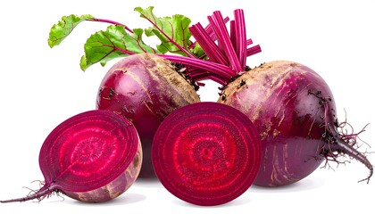 Vivid close-up of fresh, vibrant beets, one sliced to reveal concentric rings, alongside leafy greens on white