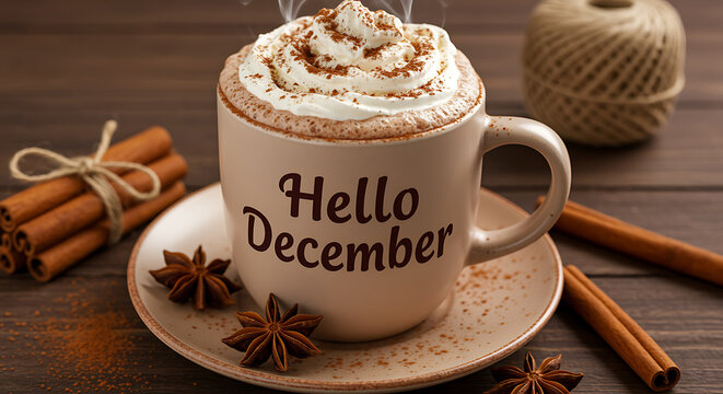 Cozy December hot chocolate with whipped cream and cinnamon sticks