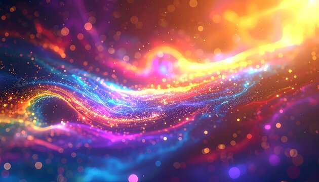 Vibrant swirls of colorful light particles dance and glow against a dark background, creating a dynamic, dreamy scene