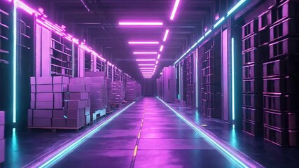 Futuristic warehouse interior with neon lighting and stacked boxes - Powered by Adobe