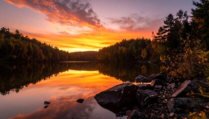 Vivid sunrise reflects on a tranquil lake surrounded by autumn foliage and rocky shoreline