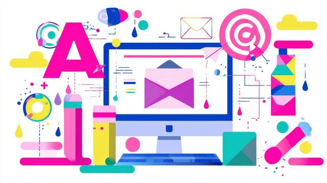 Flat email marketing campaign with computer and colorful graphics for modern digital communication design