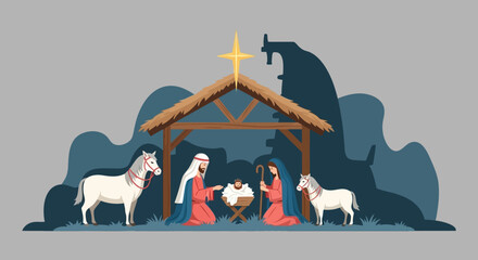 Nativity Scene Illustration with Mary Joseph Baby Jesus and Animals.