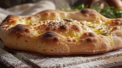 Artisanal focaccia bread with olive oil sea salt and rosemary seasoned and baked to perfection