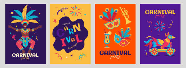 Colorful Brazilian carnival vector illustration. Dancing man with feathers and festive masks on abstract background. Modern vibrant design for posters, flyers, invitations, and party decorations.