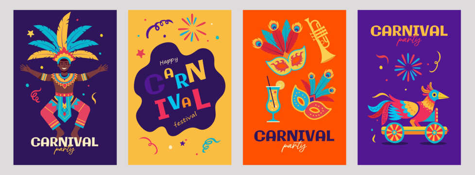 Colorful Brazilian carnival vector illustration. Dancing man with feathers and festive masks on abstract background. Modern vibrant design for posters, flyers, invitations, and party decorations.