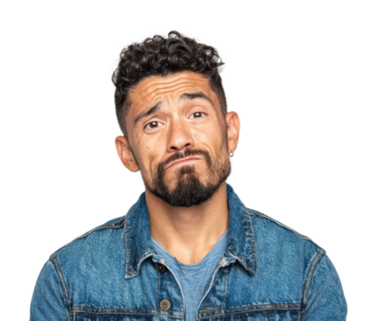 Confused man expressing emotion portrait neutral isolated on transparent background