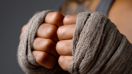 Close up of hands wrapped in gray fabric, clenched into fists, symbolizing strength and determination