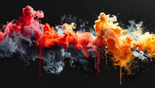 Vivid clouds of swirling red, orange, and gray pigment bloom and blend against stark black backdrop, almost three-dimensional