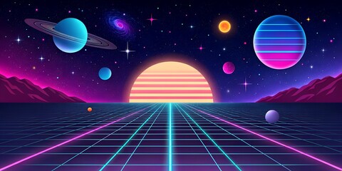 A vibrant retro style space landscape with planets, stars and a grid surface in neon colors