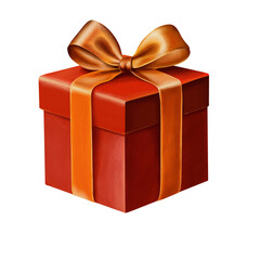 Red Watercolor Gift Box with Golden Ribbon &ndash; High-Resolution Clipart on Watercolor Paper Texture