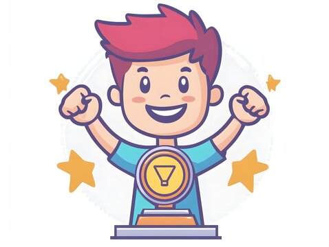 Happy boy cartoon character celebrates victory with a gold trophy and shining stars. - Powered by Adobe