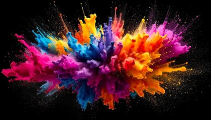 Vivid colorful dust cloud exploding against a black backdrop. An abstract artistic spectacle of vibrant hues
