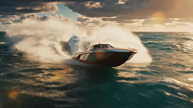 A powerful speedboat races across the ocean at high speed, kicking up a large spray of water during a dramatic sunset.