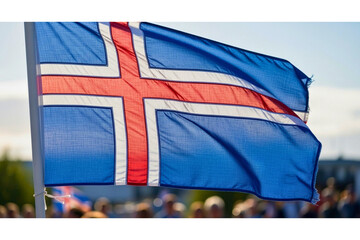 Iceland Flag Waving Outdoors During Celebration With Crowd And National Pride.