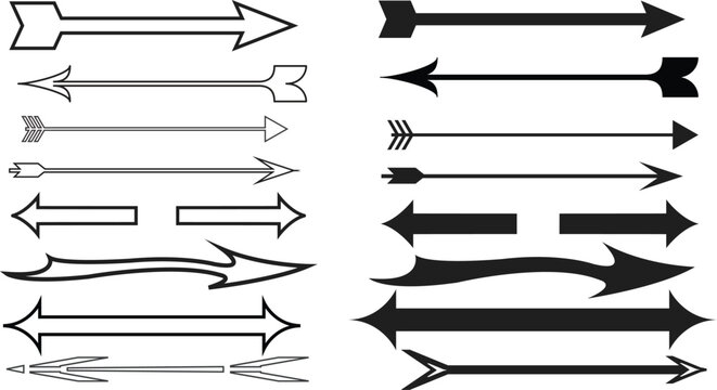 Collection of Black and White Vector Arrows, Dividers, and Directional Shapes in Various Outline and Solid Styles