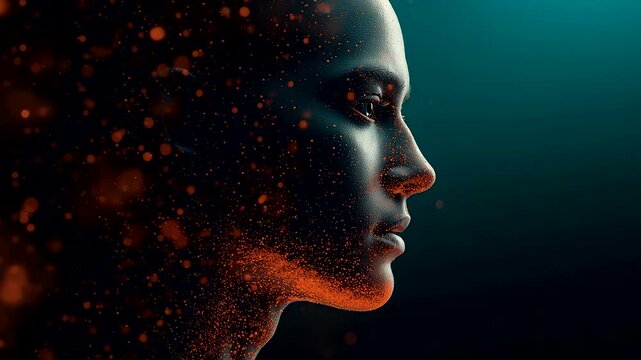 Female Face Profile Dissolving into Glowing Orange Red Particles on Dark Teal Background