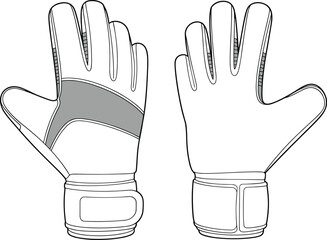 Detailed vector illustration of goalkeeper gloves showing front and back views with stitching, padding, wrist strap design, protective sports equipment and technical layout