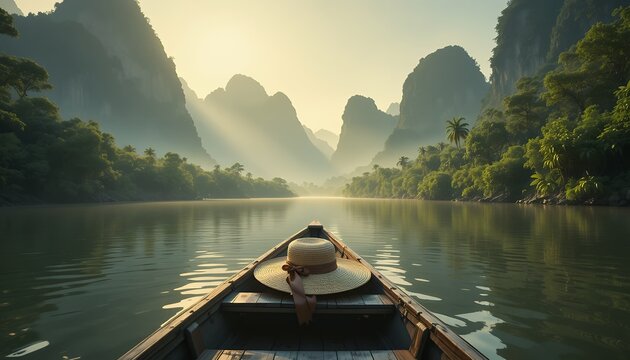 Serene early morning river journey through tranquil mountainous landscape under soft sunlight - Powered by Adobe