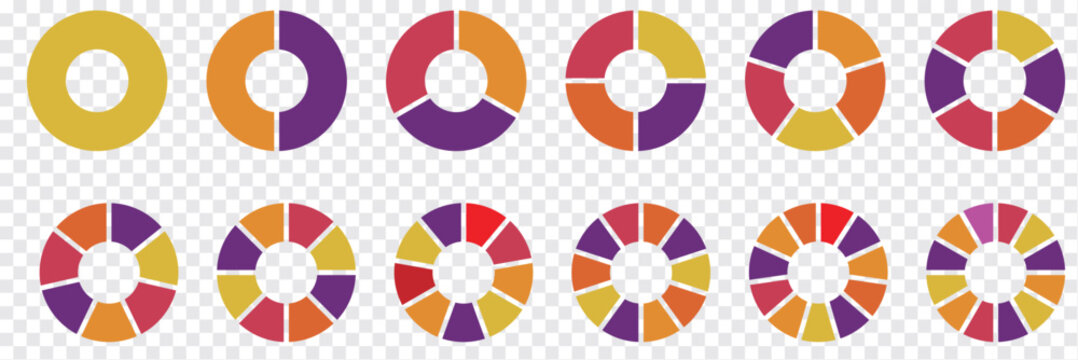 Pie charts diagrams. Different color circles isolated. Infographic element round shape. Vector