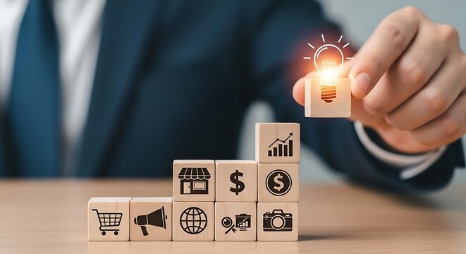 Hand placing a wooden block with heart and pulse icon on top of other blocks representing family, home, and healthcare services