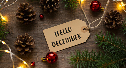 Festive Hello December composition with pine cones and decorations on wood