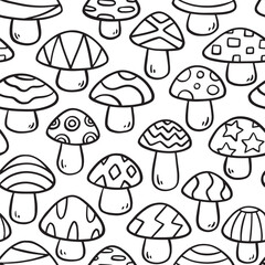 Cute Mushroom Doodle seamless pattern. Vector illustration flat design background. 