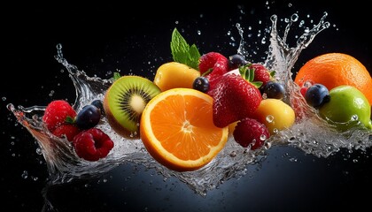 colorful fruits exploding in mid air with water splashes fruits explosion splash water colorful vibrant fresh juice