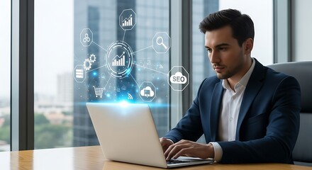 Businessman touching a glowing shopping cart icon surrounded by ecommerce related icons, representing online shopping and digital business