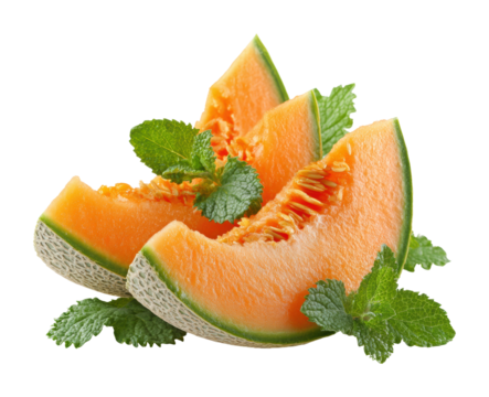 Freshly sliced cantaloupe kitchen table food bright light isolated on transparent background