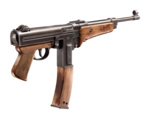 Military action firearm display in showcase isolated on transparent background