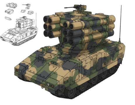 Armored Rocket Launcher Vehicle with Camouflage Paint and Tube Array, isolated on a transparent background - Powered by Adobe