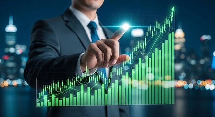 A small plant sprout emerges from the soil, illuminated by a bright light, with digital icons representing growth and sustainability forming an arc above