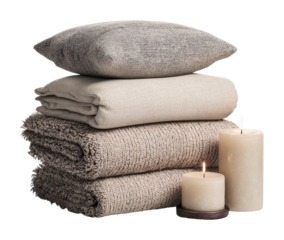 Cozy home setup living room textiles and candles warm atmosphere isolated on transparent background