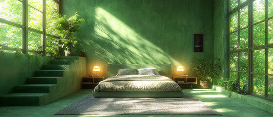 Sunlight in a spacious bedroom with plants and panoramic windows creates a cosy atmosphere, ideal for the main backdrop in interior design or advertising eco-housing.