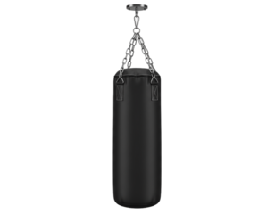 Black Punching Bag Hanging on Metal Chains for Boxing Training, isolated on a transparent background