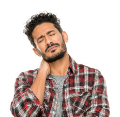 Man holding neck in pain emotional portrait isolated on transparent background