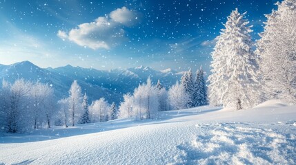 A snowy landscape with mountain peaks and a forest shrouded in frosty mist conveys the tranquillity of winter nature, ideal for an atmospheric backdrop in projects about travel or eco-tourism.