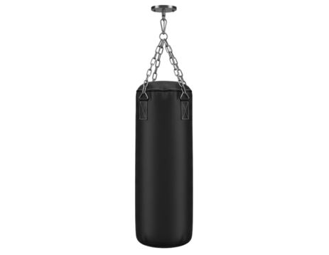 Black Punching Bag Hanging on Metal Chains for Boxing Training, isolated on a transparent background