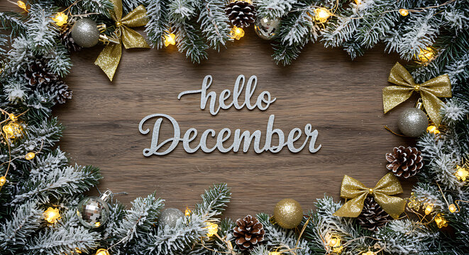 Festive Hello December message with Christmas decorations and sparkling lights
