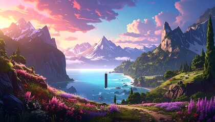 Vivid digital landscape of a mountain range meeting the sea, with a colorful sky, and fields of blooming flowers