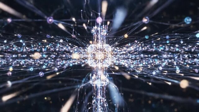 Abstract visualization of a glowing quantum computer core with interconnected data streams and particles.