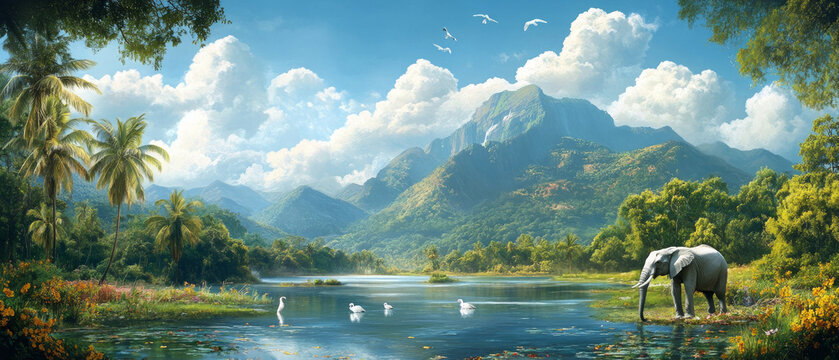 A tropical landscape with a mountain waterfall, greenery and animals emphasises the harmony of nature, ideal as an atmospheric backdrop for environmental presentations.