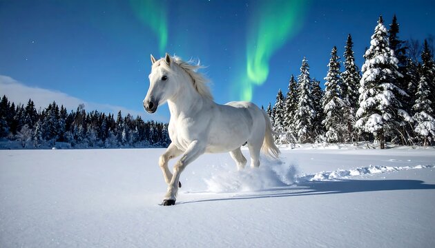 White horse runs on snow-covered field under aurora lights, with fir trees & blue sky background