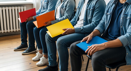Diverse candidates patiently awaiting their turn in a row, clutching vibrant folders containing resumes and applications, ready for job interviews or important meetings