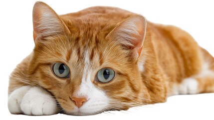 A close up of an orange tabby cat with blue eyes lying down and looking at the camera focused and clear