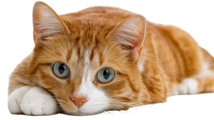 A close up of an orange tabby cat with blue eyes lying down and looking at the camera focused and clear