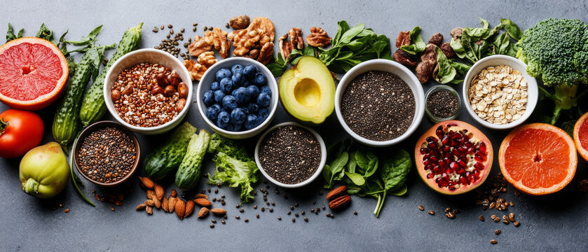 A rich collection of fresh fruits, berries, nuts and grains inspires healthy eating and harmony, ideal as a vibrant backdrop for food blogs or superfood advertising.