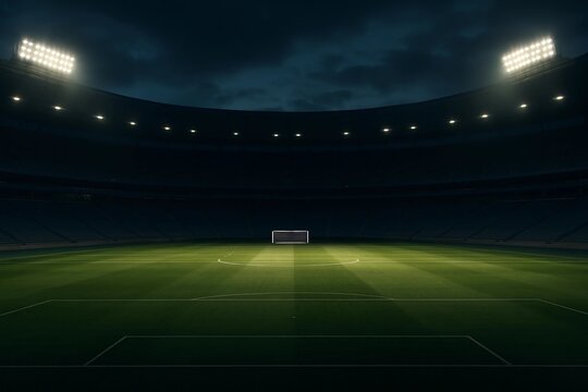 Empty soccer stadium illuminated at night with bright floodlights and dark sky above